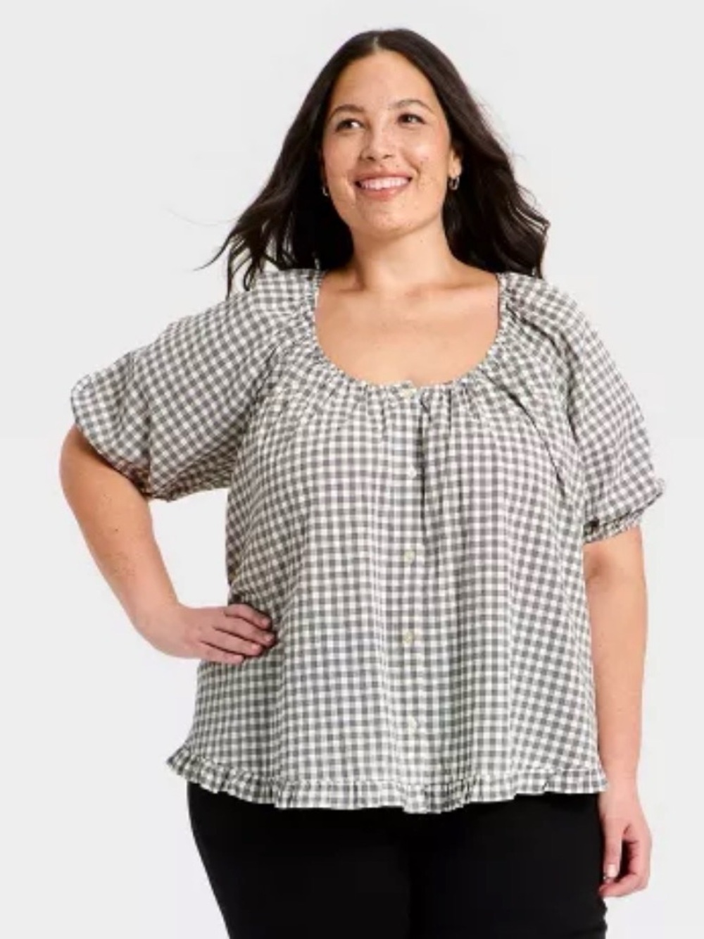Universal Thread Gray and White Gingham Scoop Neck Button-Front Blouse